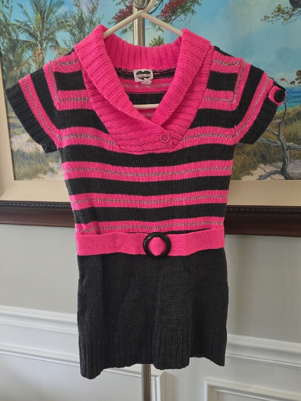 Girls' Pink & Gray Striped Knit Dress with Belt